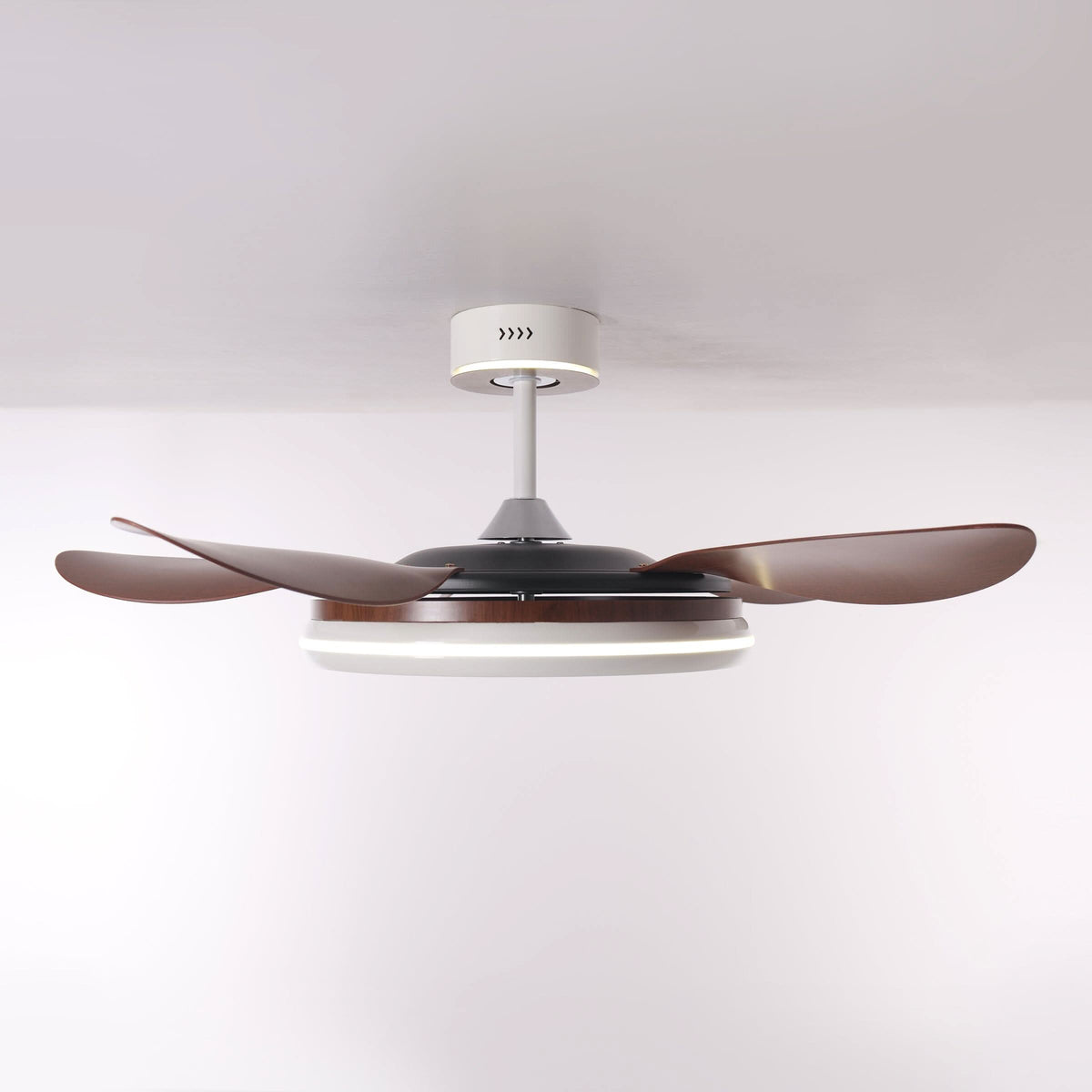 48 inch ceiling fan with dimmable LED light with a compact motor and blade detail