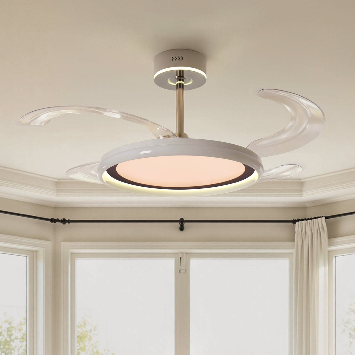 48 inch reversible ceiling fan with LED light in a neutral lounge setting