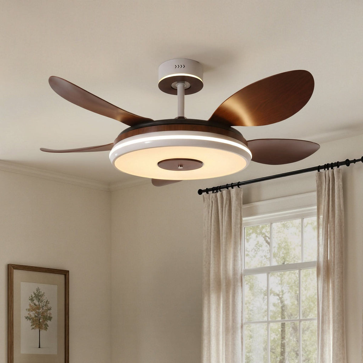 48 inch ceiling fan with dimmable LED light cooling a bright bedroom