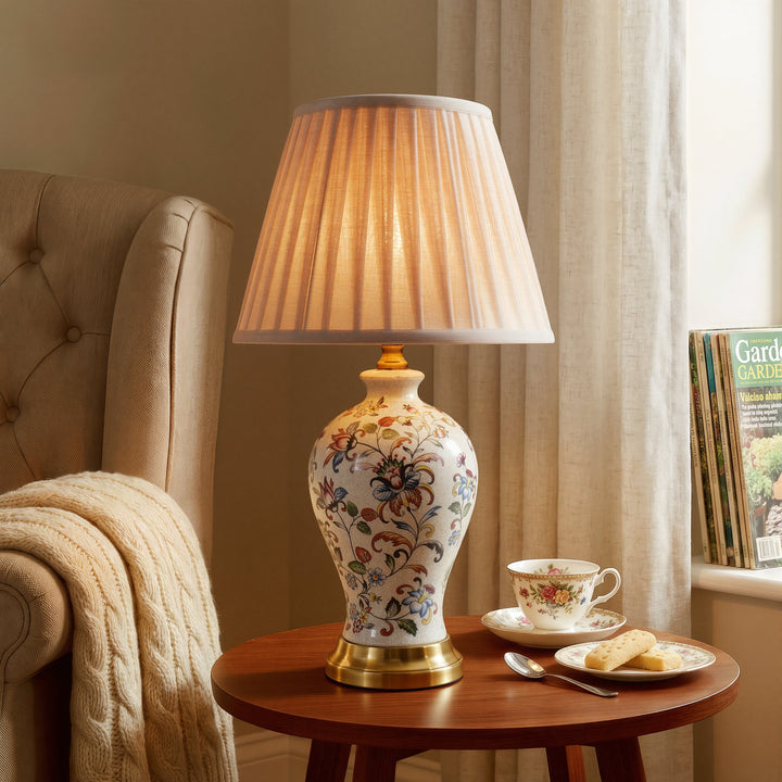 Chinoiserie Hand-Painted Porcelain Table Lamp with Pleated Linen Shade