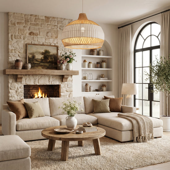 LI460271 Dewlight-Handwoven Half White Rattan Pendant Light Kitchen Island pendant light in a home interior