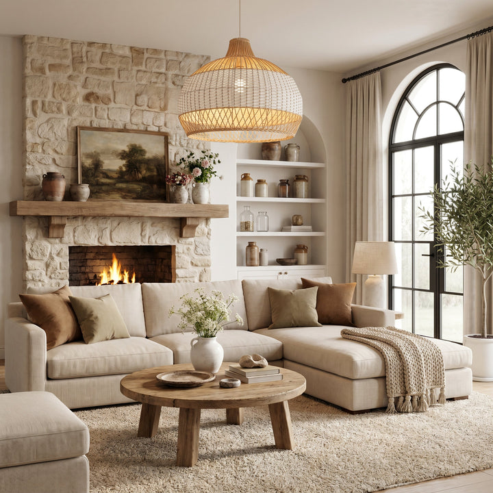 LI460271 Dewlight-Handwoven Half White Rattan Pendant Light Kitchen Island pendant light in a home interior
