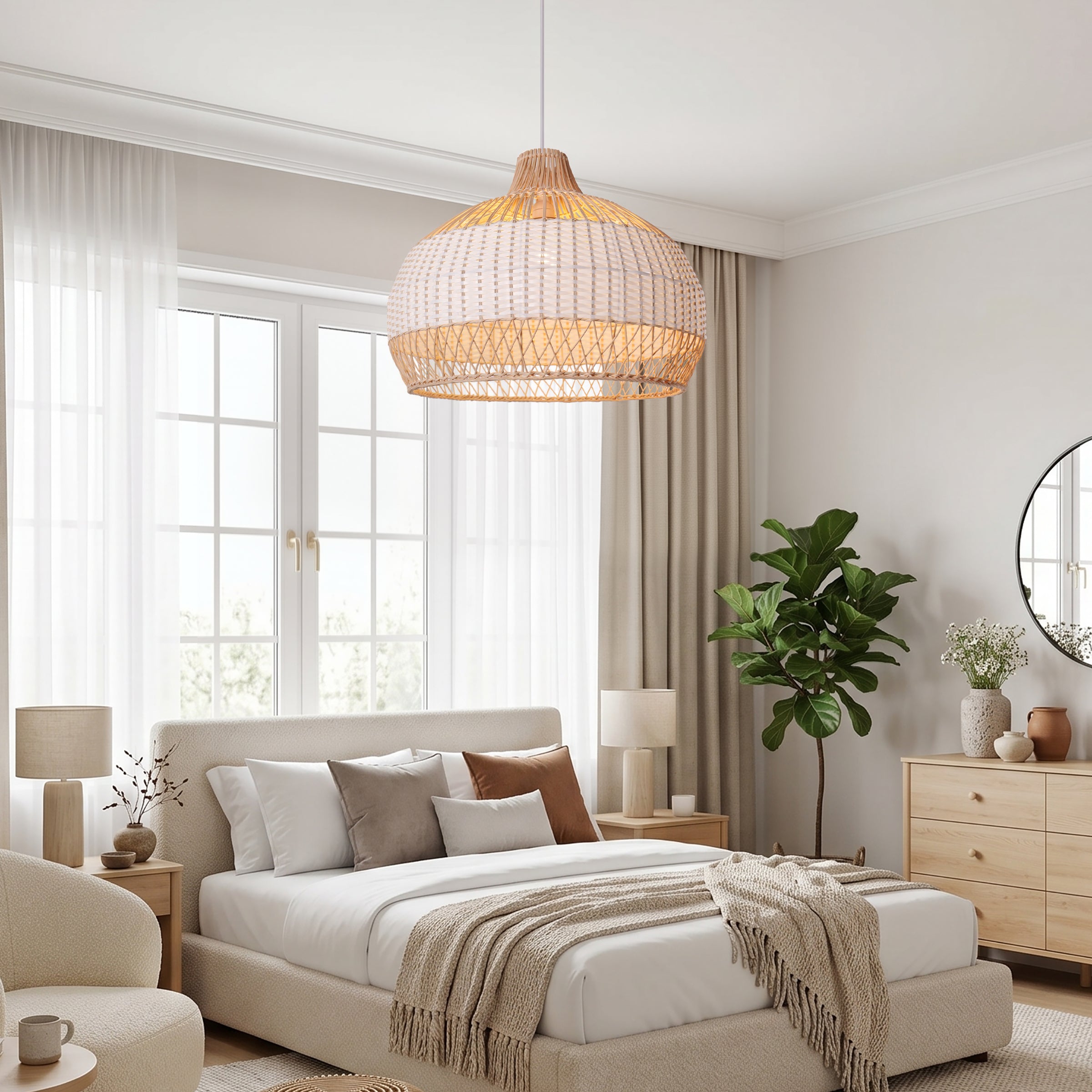 LI460271 Dewlight-Handwoven Half White Rattan Pendant Light Kitchen Island pendant light in a home interior