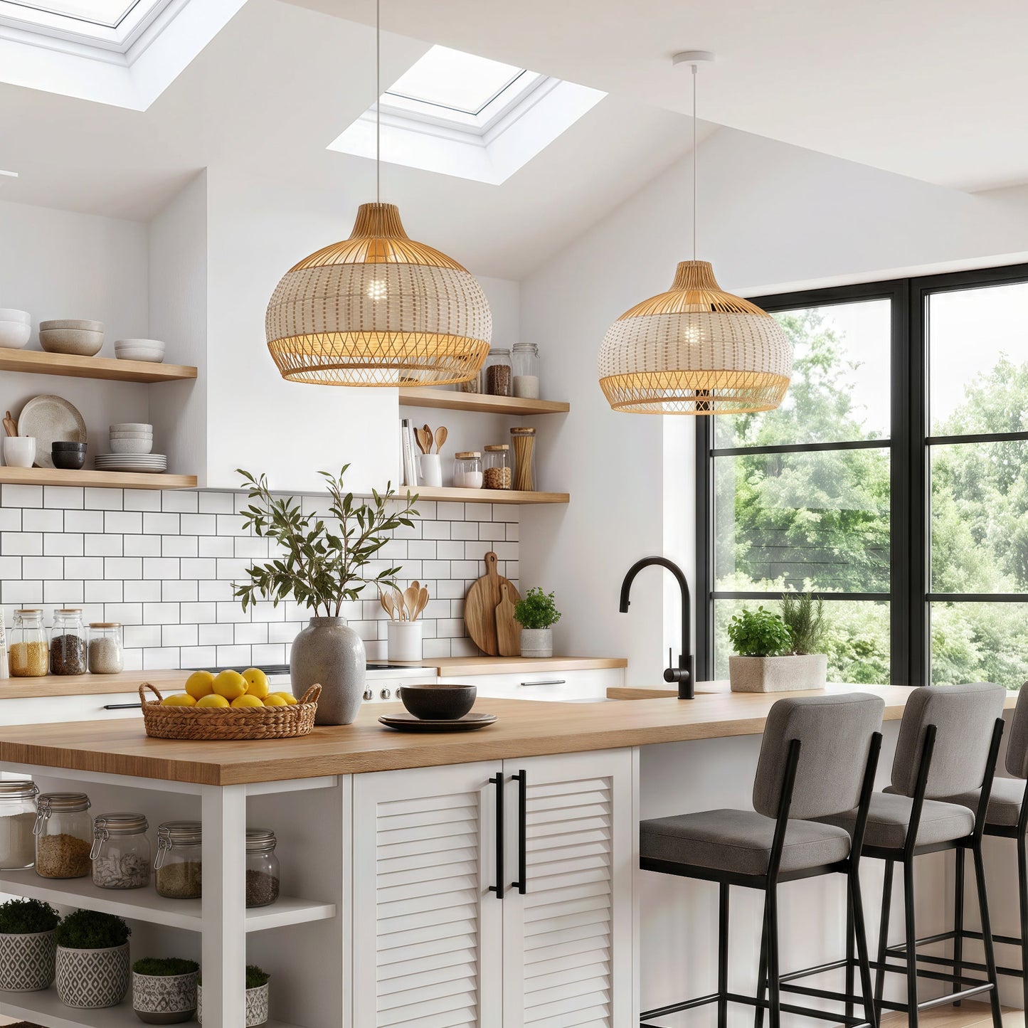 LI460271 Dewlight-Handwoven Half White Rattan Pendant Light Kitchen Island pendant light in a home interior