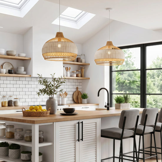 LI460271 Dewlight-Handwoven Half White Rattan Pendant Light Kitchen Island pendant light in a home interior
