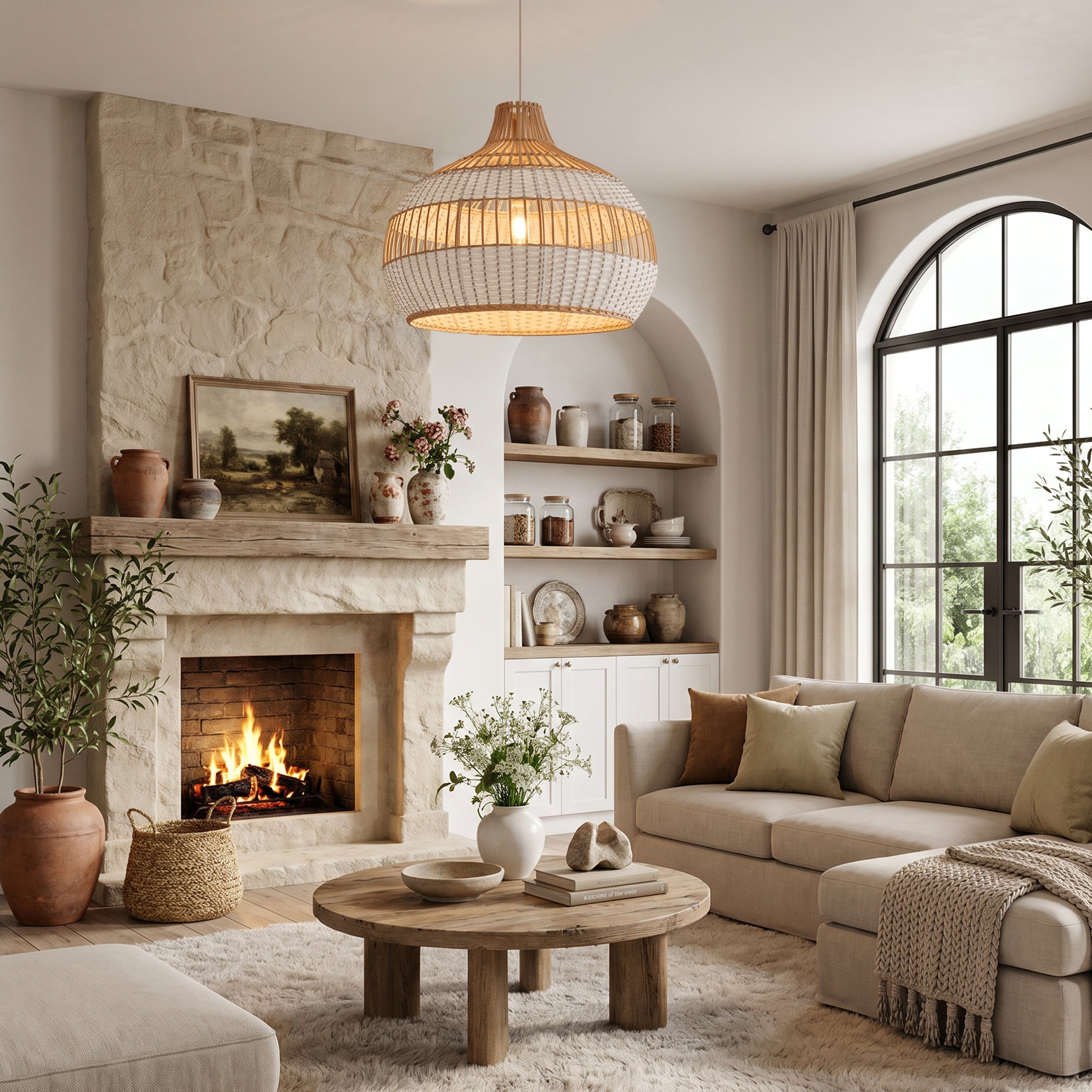 LI460272 Dewlight-Handwoven Half White Rattan Pendant Light Kitchen Island pendant light in a home interior