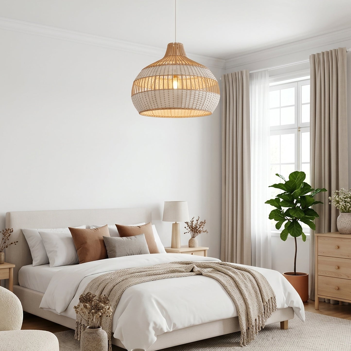 LI460272 Dewlight-Handwoven Half White Rattan Pendant Light Kitchen Island pendant light in a home interior