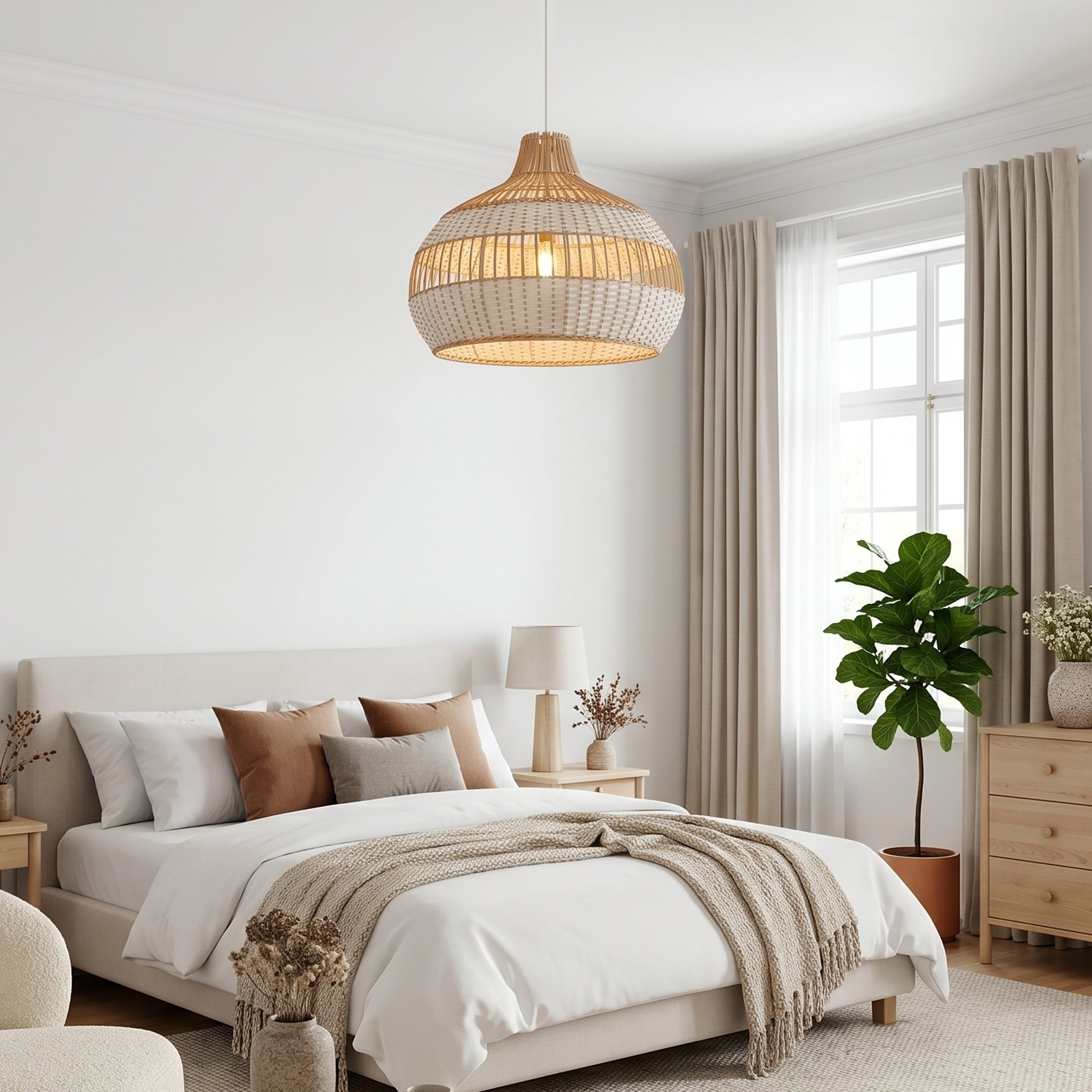 LI460272 Dewlight-Handwoven Half White Rattan Pendant Light Kitchen Island pendant light in a home interior