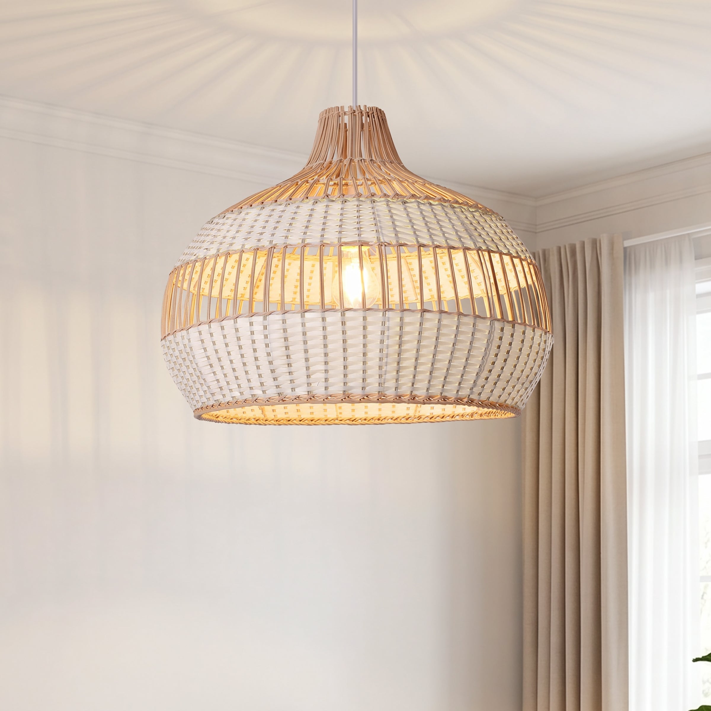 LI460272 Dewlight-Handwoven Half White Rattan Pendant Light Kitchen Island pendant light in a home interior