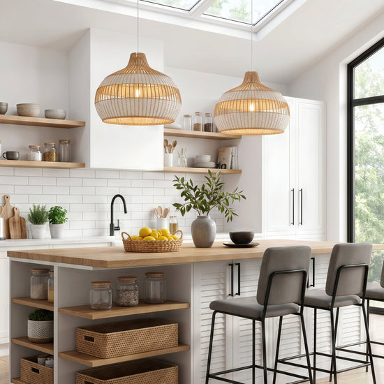 LI460272 Dewlight-Handwoven Half White Rattan Pendant Light Kitchen Island pendant light in a home interior