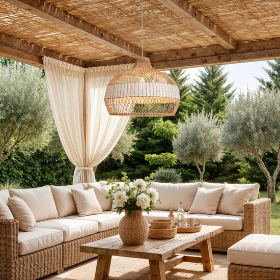 LI460273 Dewlight-Handwoven Half White Rattan Pendant Light Kitchen Island pendant light in a home interior