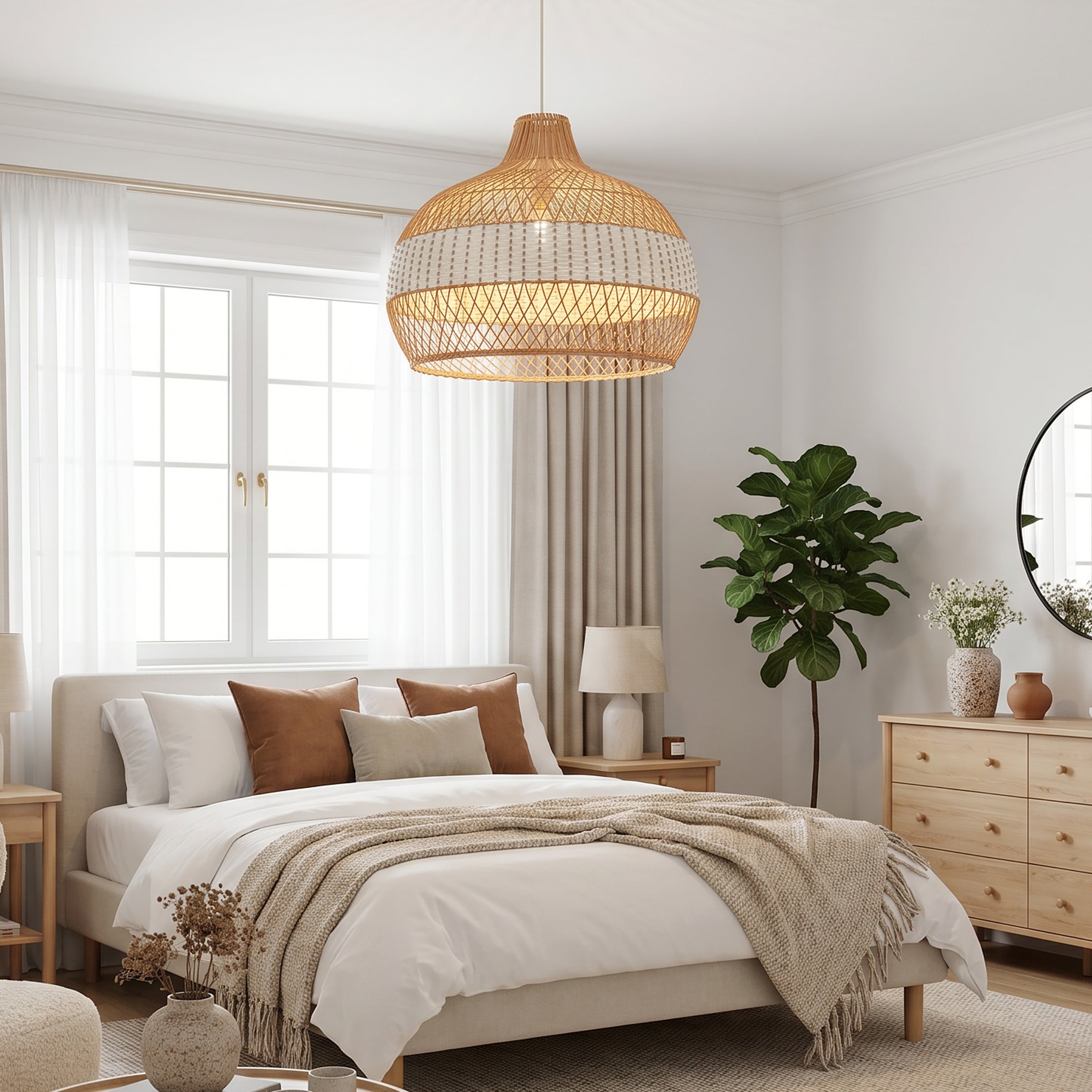LI460273 Dewlight-Handwoven Half White Rattan Pendant Light Kitchen Island pendant light in a home interior
