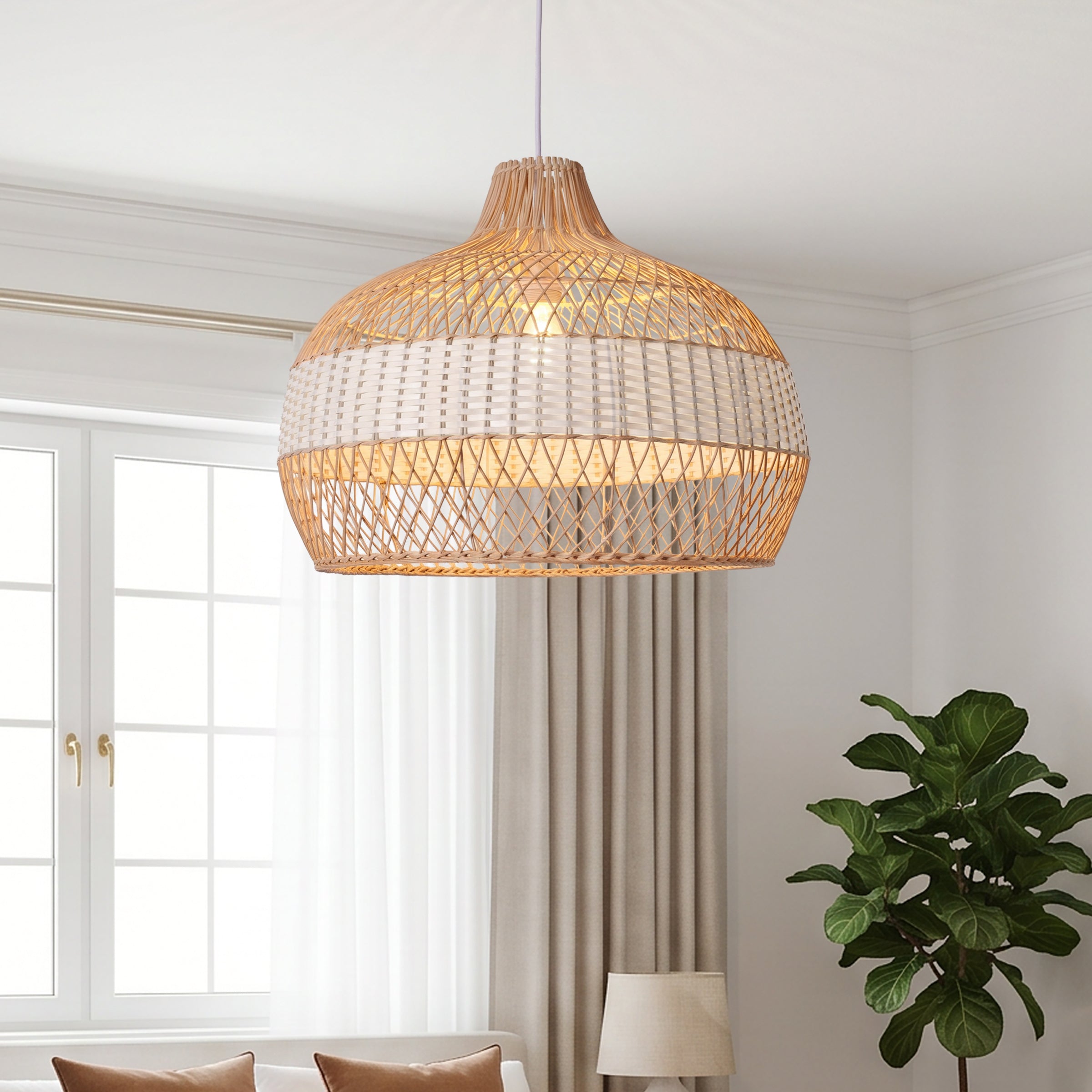 LI460273 Dewlight-Handwoven Half White Rattan Pendant Light Kitchen Island pendant light in a home interior