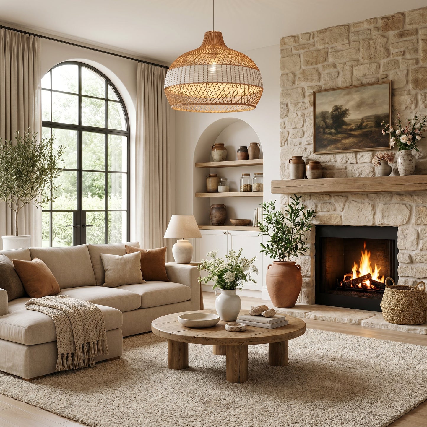 LI460273 Dewlight-Handwoven Half White Rattan Pendant Light Kitchen Island pendant light in a home interior