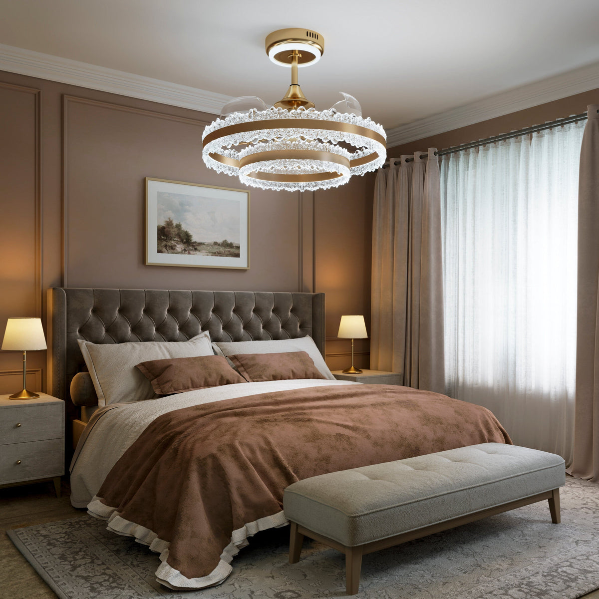 Gold crystal ceiling fan light in cool white above a contemporary bedroom