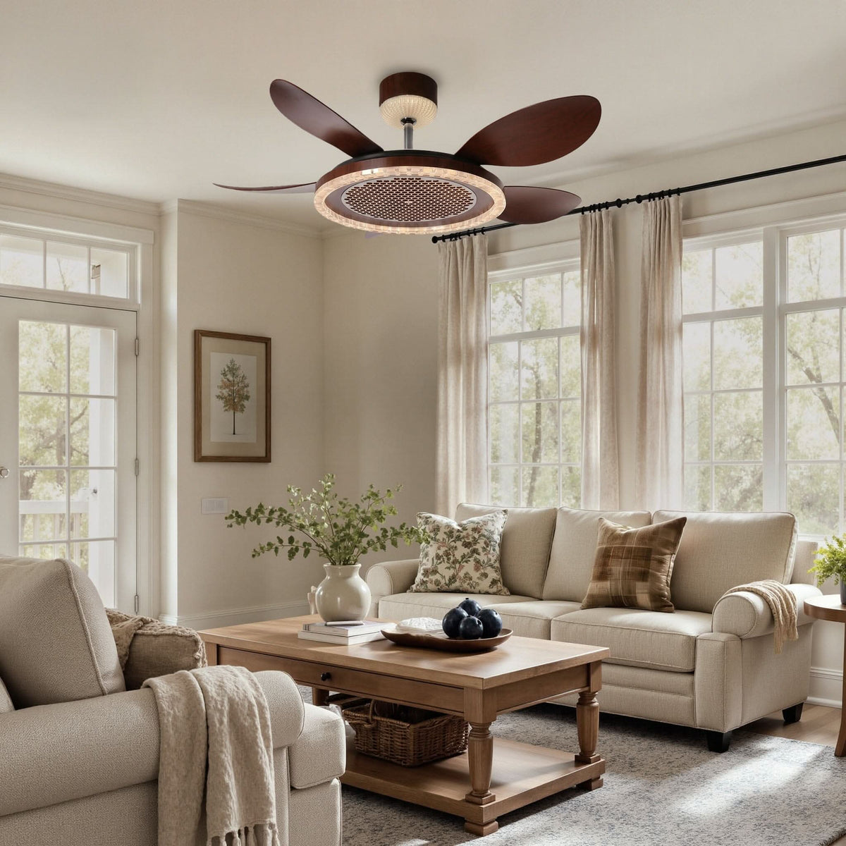 48 inch reversible ceiling fan with LED light installed in a living room