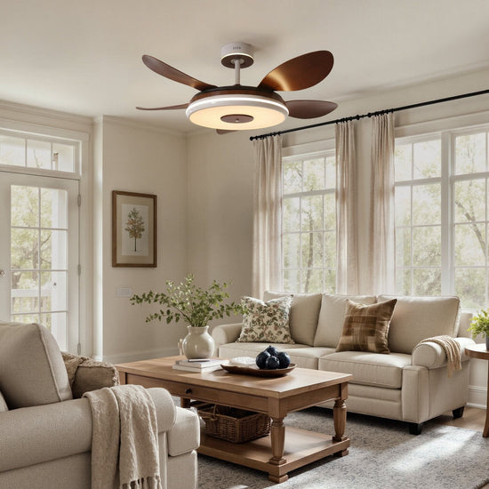 48 inch ceiling fan with dimmable LED light shown from below with LED light on