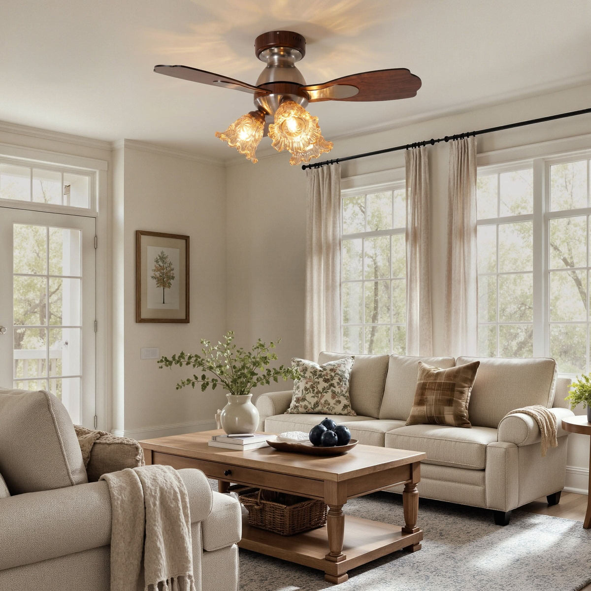 36 inch reversible ceiling fan with LED light installed in a living room