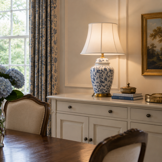 blue floral ceramic table lamp on a white sideboard in a bright dining room