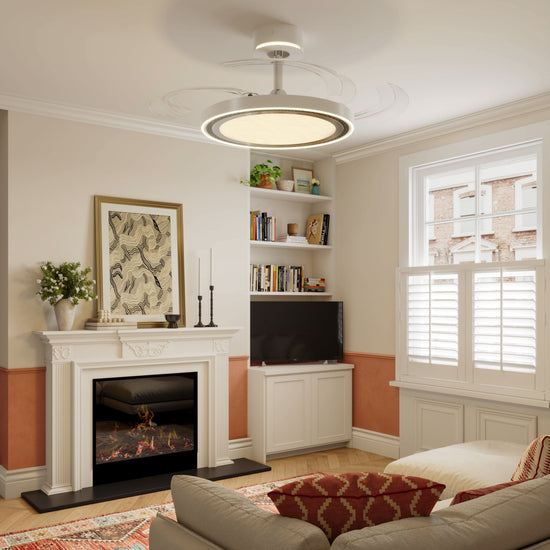 48 inch reversible ceiling fan with LED light shown from below with LED light on
