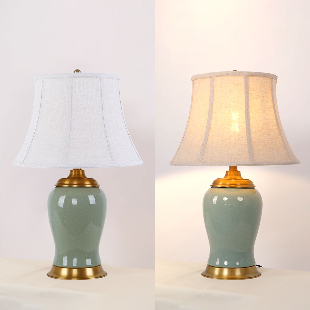 Vintage Green Crackle Ceramic Table Lamp with Fabric Shade Living Nest UK