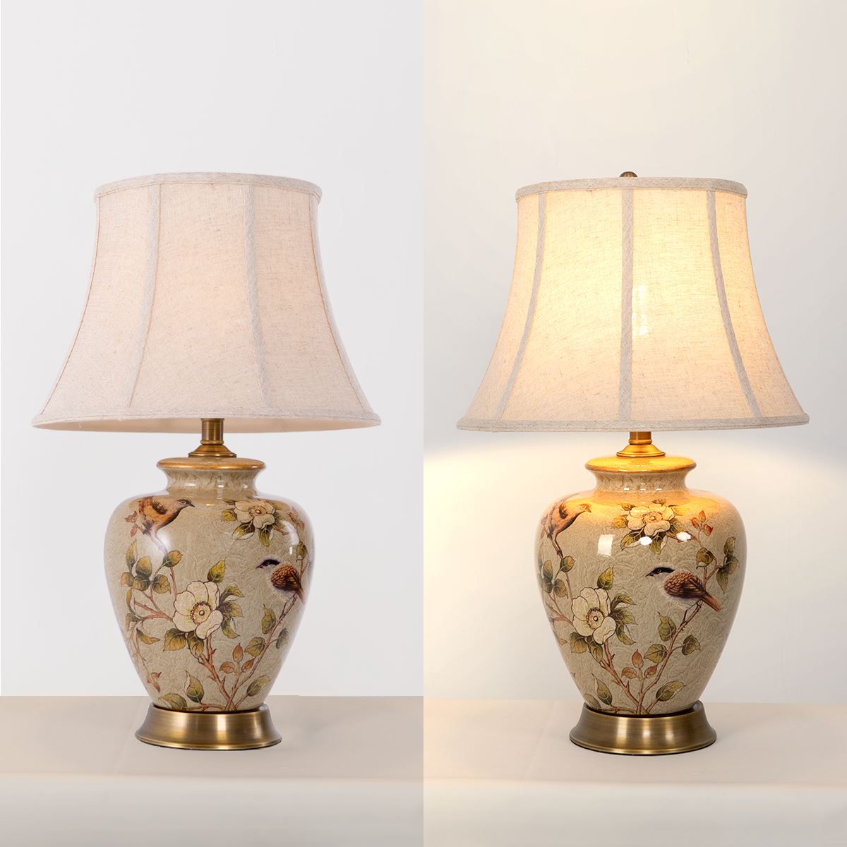 Vintage Ceramic Bird-Pattern Table Lamp with Fabric Shade Living Nest UK