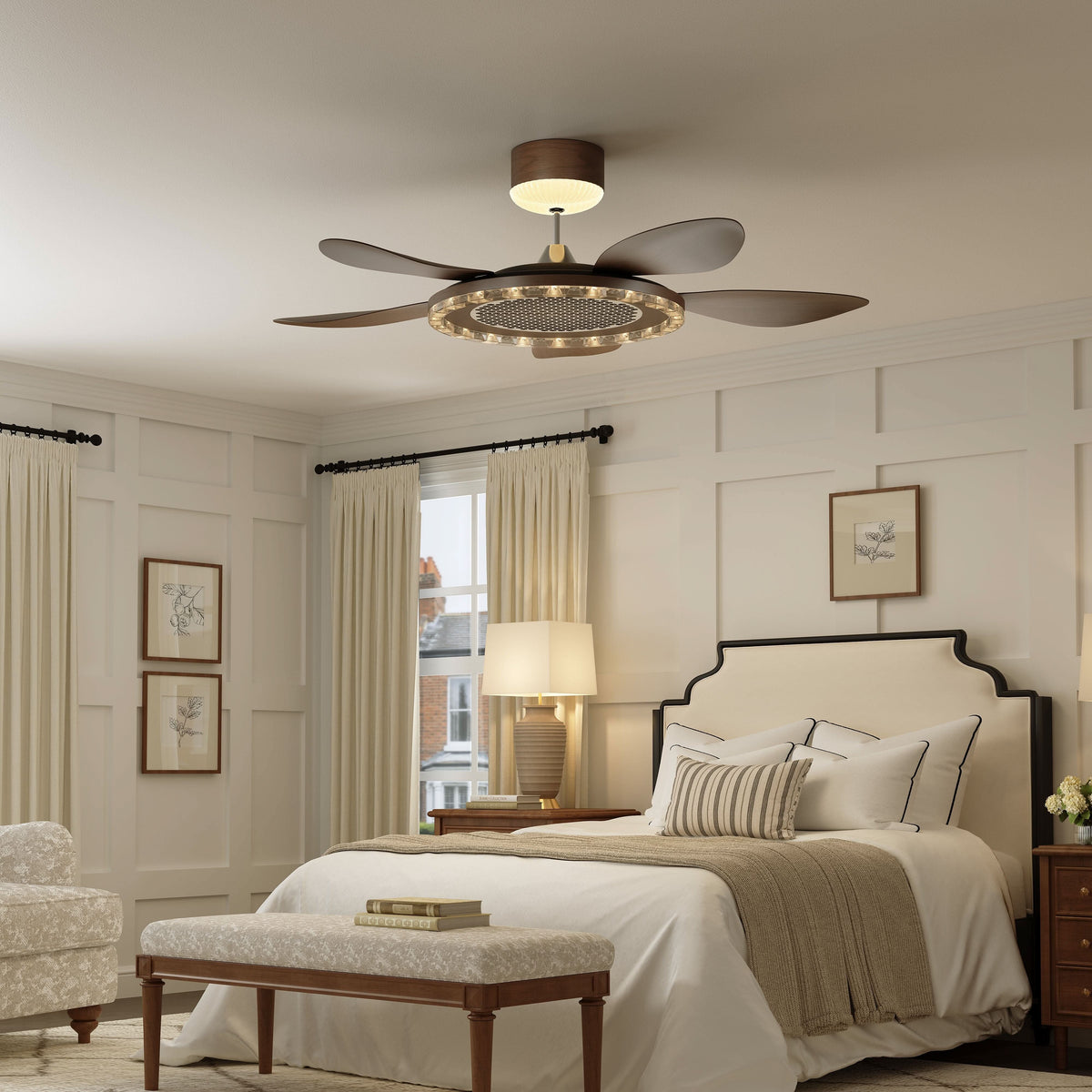 48 inch reversible ceiling fan with LED light shown from below with LED light on