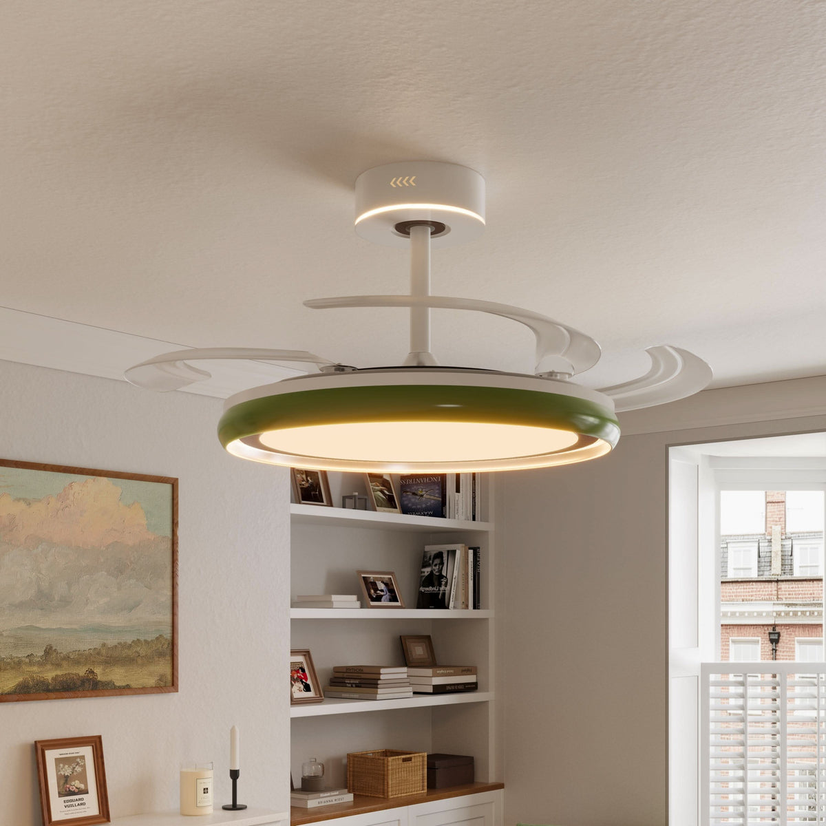 48 inch reversible ceiling fan with LED light installed in a living room