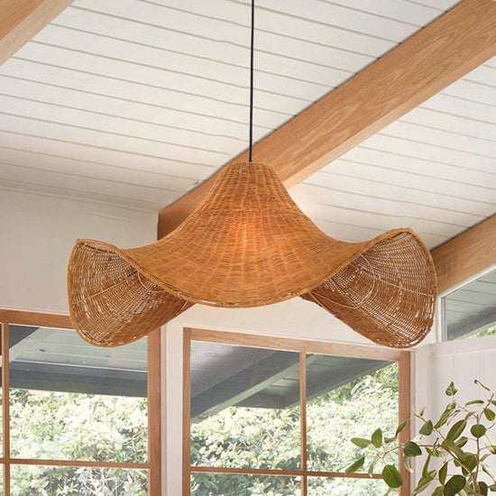 Living Nest UK Natural & White Hat-Shaped Handwoven Rattan Pendant Light Living Nest UK Natural
