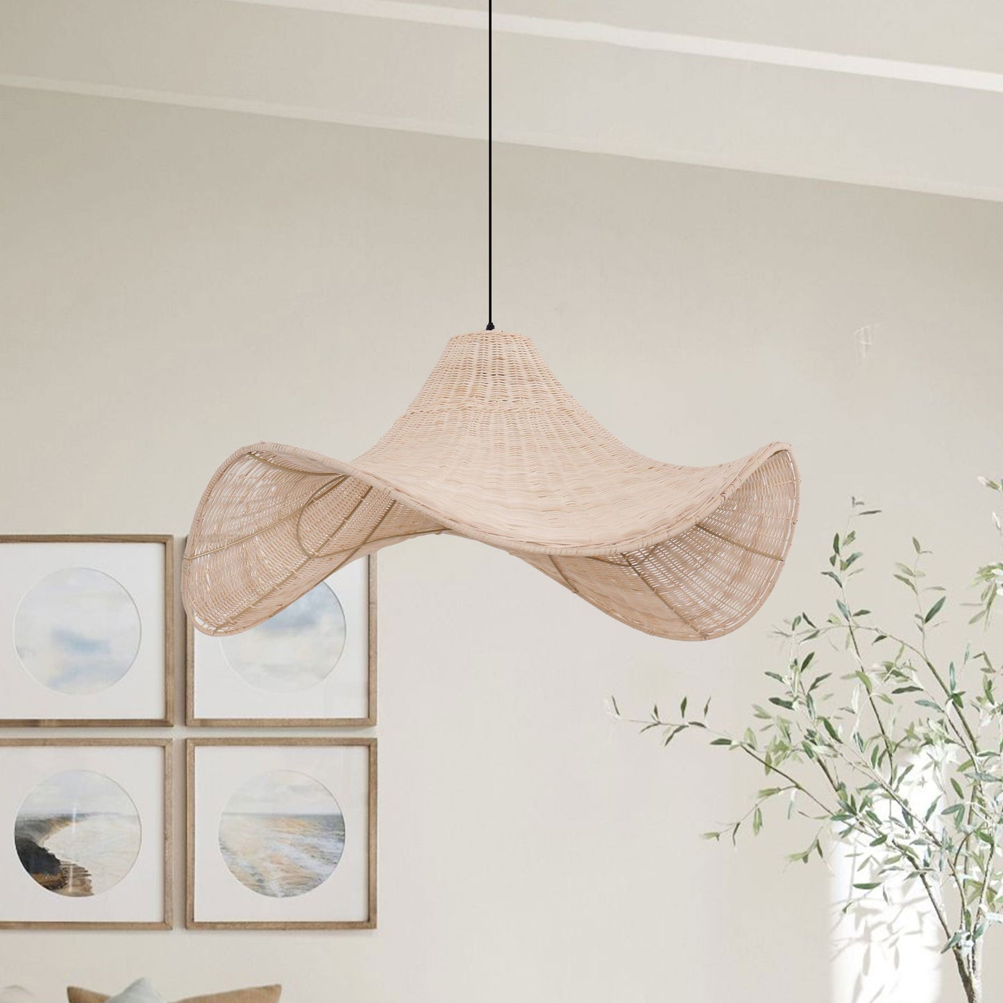 Living Nest UK Natural & White Hat-Shaped Handwoven Rattan Pendant Light Living Nest UK