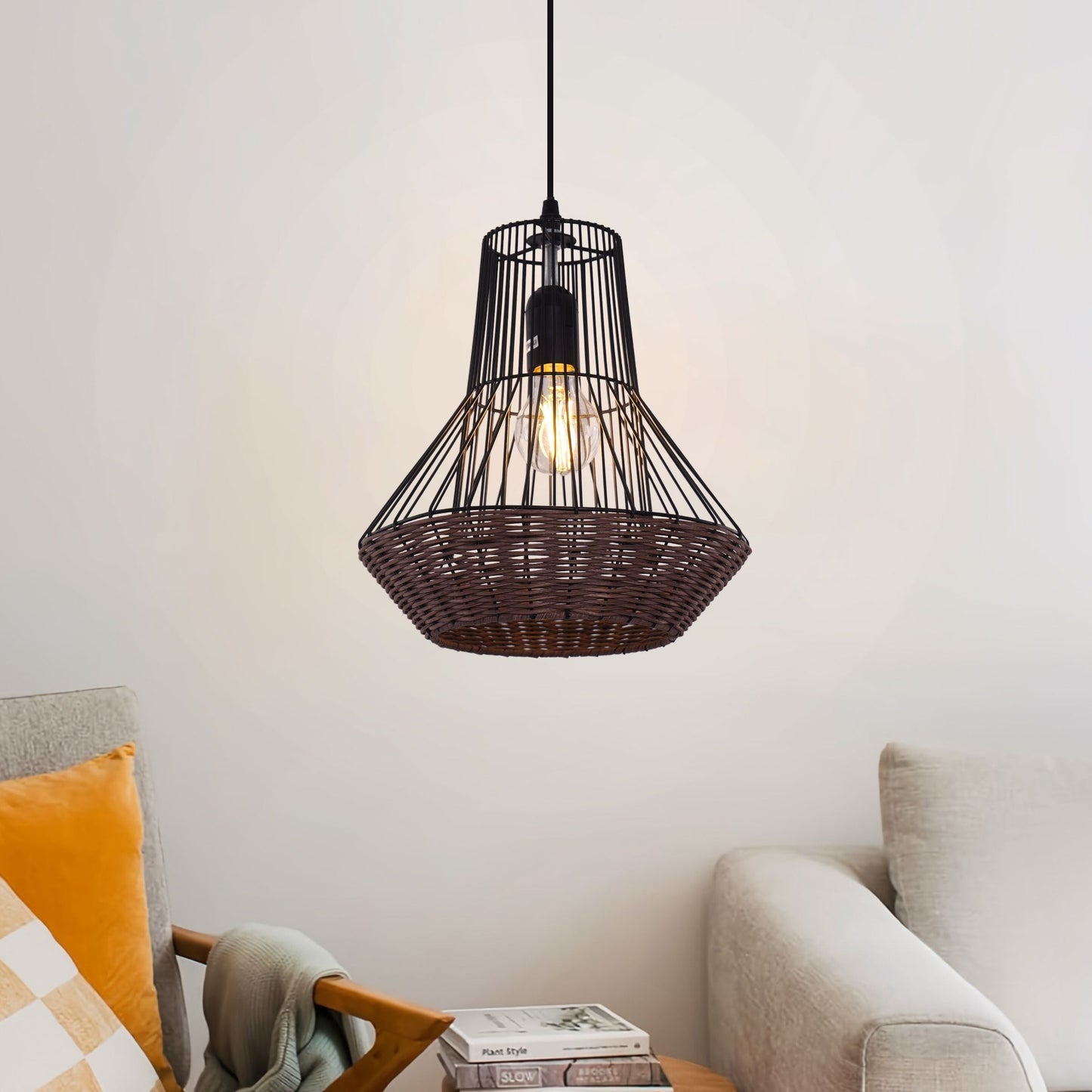 Lightsin Geometric Rattan Pendant Light for Timeless Elegance and Warmth Lightsin UK COFFEE 