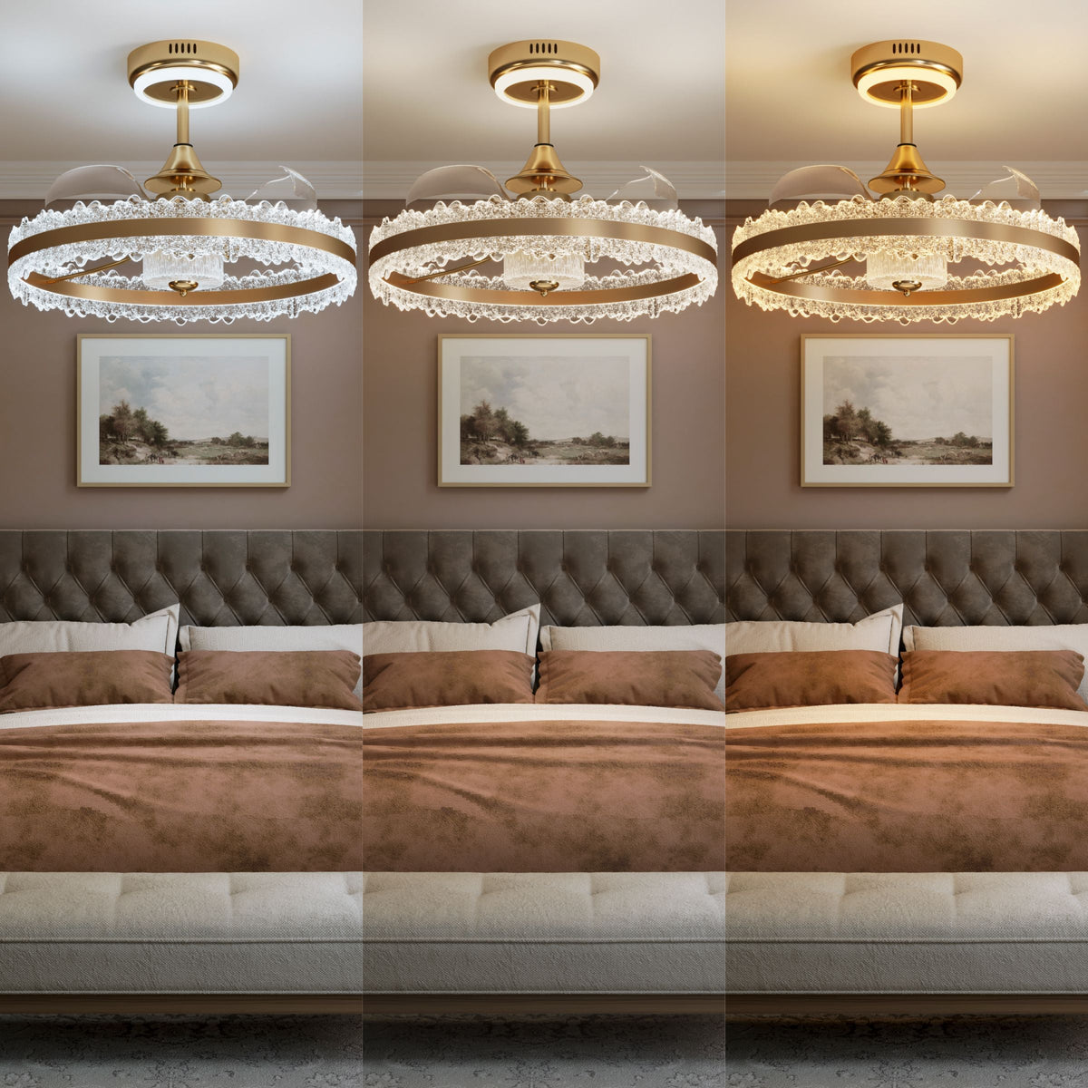 Three colour temperatures shown for gold crystal bedroom ceiling fan light