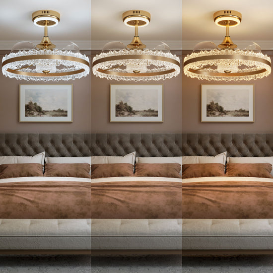Three colour temperatures shown for gold crystal bedroom ceiling fan light