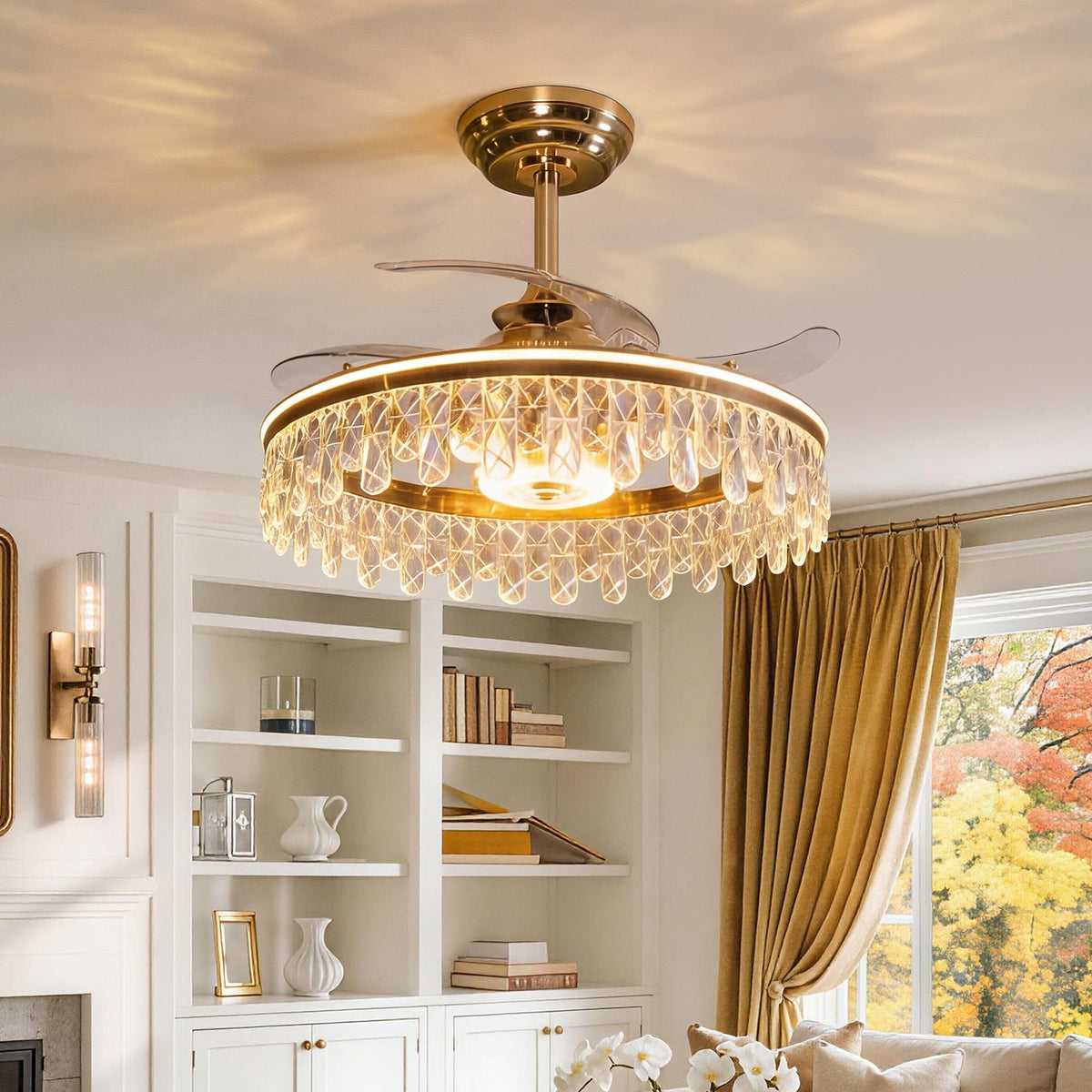 Lightsin 60cm modern gold crystal ceiling fan with light for UK homes